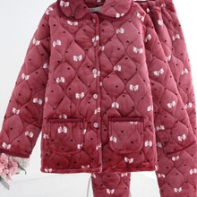 中老年睡衣冬款女士三层夹棉加厚法兰绒妈妈款保暖加绒加大母亲款