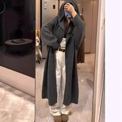 秋冬季慵懒风软糯毛衣外套女韩版复古宽松中长款连帽针织开衫大衣