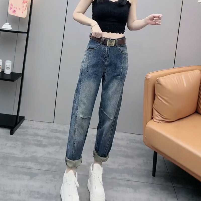 大码女装复古直筒九分牛仔裤女2025春季新款流行百搭显瘦哈伦裤子|undefined