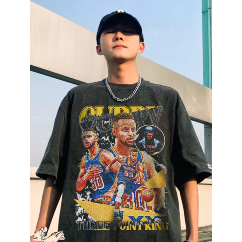 Verano nuevo Curry estilo americano impresión retro baloncesto camiseta de mangas cortas suelta pesada lavado con agua hacer viejos hombres y mujeres t
