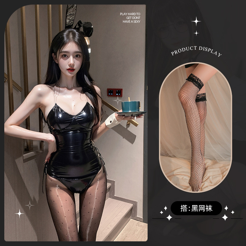 토끼 여성 세트 [헤어밴드 점프수트 팔찌] 검은 그물 스타킹