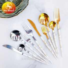 晶致机抛葡萄牙塑料柄大理石金纹餐具不锈钢刀叉勺小勺小叉套装
