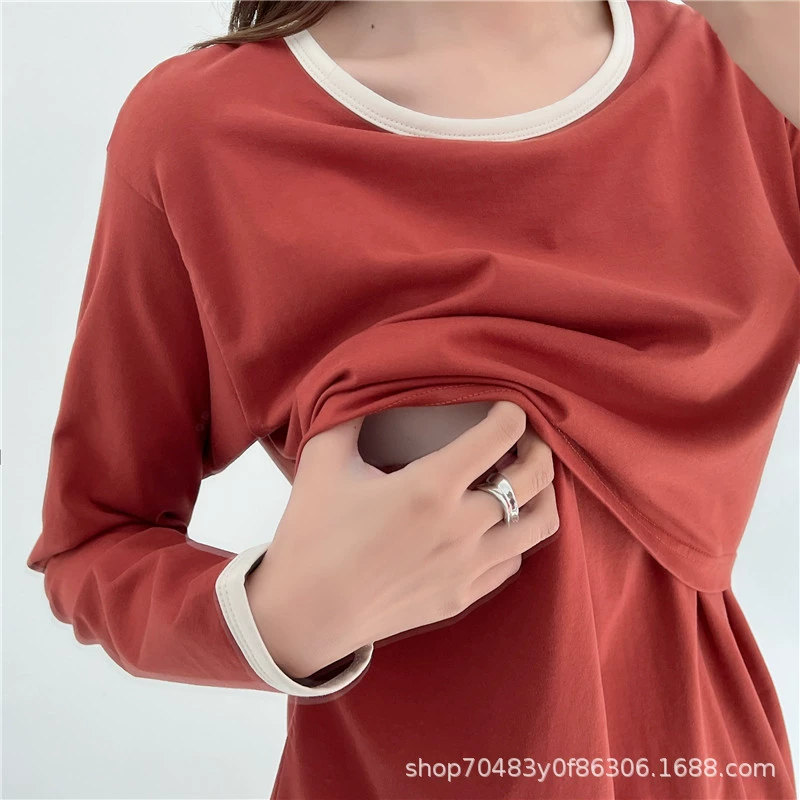 Реальный выстрел пуловер реальный выстрел свободный круглый вырез с длинным рукавом пуловер кормящих футболка 2202