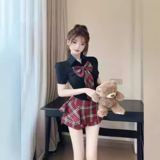 대학 스타일 핫 걸 JK 유니폼 세트 여름 반팔 활 슬림 핏 셔츠 높은 허리 유료 스커트 투피스 세트