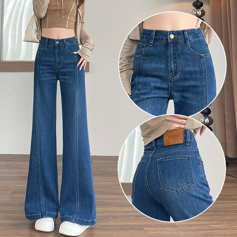 Quần jeans nữ ống loe nhẹ cạp cao tôn dáng màu xanh cổ điển — Xanh cổ điển - Dài hơn, Xanh cổ điển - Tiêu chuẩn