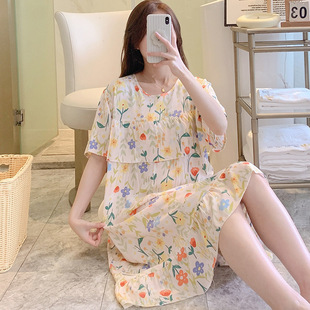 Factory Wholesale Short Sleeve Nightdress Girl Summer Pastoral Style Small Floral Thin Loose Home Clothes Long dress