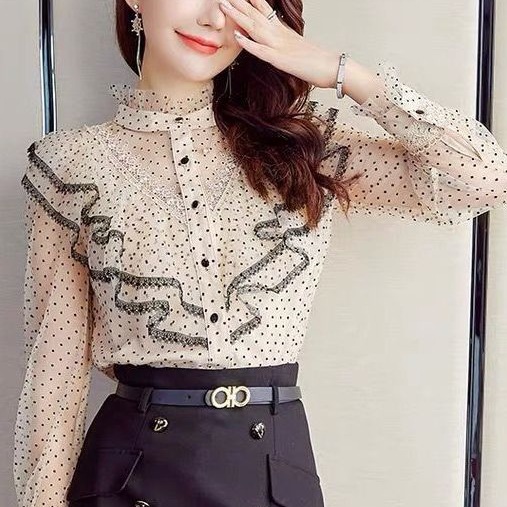 春季新款法式名媛风蕾丝上衣女立领宫廷风雪纺衫时尚洋气小衫