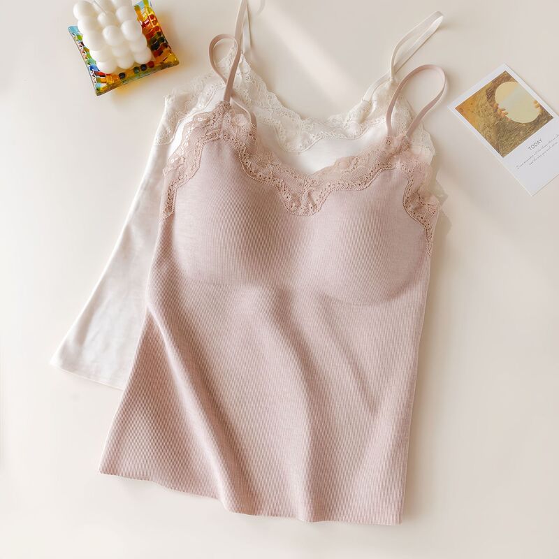 Pure Mulberry Silk Lace Trim Camisole for Women, Warm with Chest Pad Bra, Integrated Brushed Autumn Base Layer