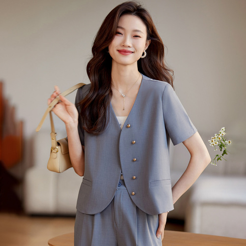 Off-white suit suit for women summer new short-sleeved jacket fashionable temperament two-piece suit pants for small people