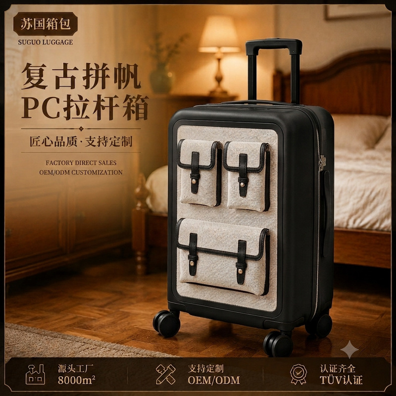 Vintage canvas luggage, silent double-row wheel trolley case, front multi-pocket business carry-on case with TSA customs lock