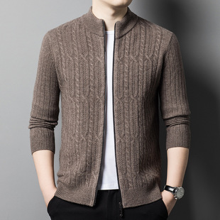 Pure Wool Zipper Cardigan Men's Spring Autumn and Winter Korean Style Vertical Collar Knitted Sweater Jacket Jacquard Sweater Fashion High-end Men's