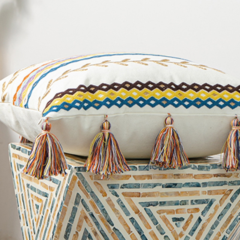 Moroccan style color velvet embroidery pillow case tufted tassel cushion case model room waist pillowcase spot supply_voghion.com