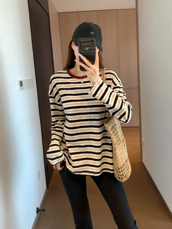 美式复古双纱针织刺绣宽松版撞色罗纹圆领落肩袖条纹T恤女秋季新|undefined