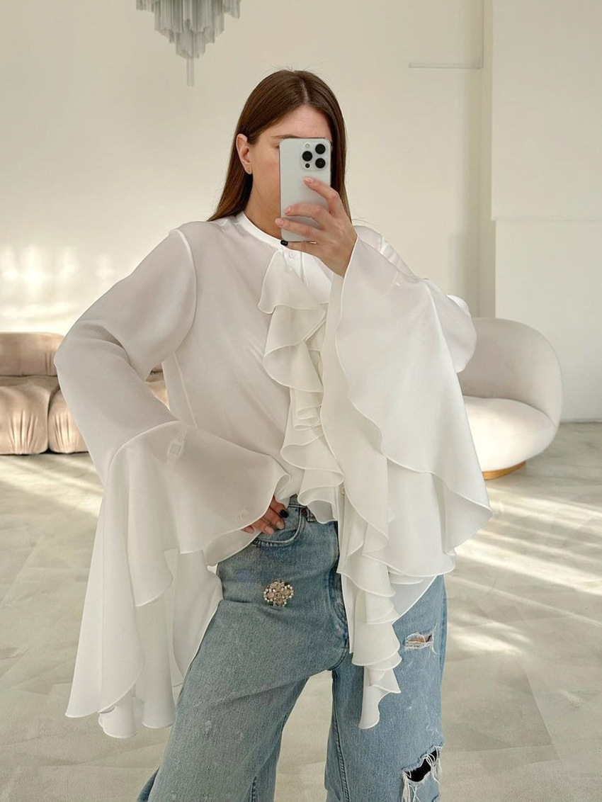 Women's Blouse Long Sleeve Blouses Ruffles Simple Style Solid Color display picture 22