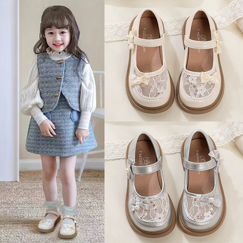 Детские кожаные туфли с сетчатой вставкой, весна-лето 2025, новый стиль, милые туфли для девочек с жемчужным бантом, туфли-принцессы для девочек