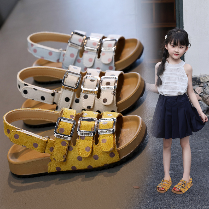Girls' Sandals 2026 Korean Version New Style Little Girl Spotted Soft-Soled Open-Toe Birkenstock Sandals for Older Children Beach Shoes