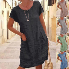 ON01264 现货2024秋春新款跨境女时尚休闲纯色休闲口袋棉麻连衣裙