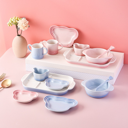 Cool Color LE CREUSET Children's Tableware 7-Piece Set Baby Pink and Blue Household Child Single Use
