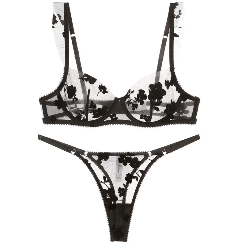 European and American sexy sexy lingerie French ultra-thin embroidered lace bra suit big chest small anti-sagging bra