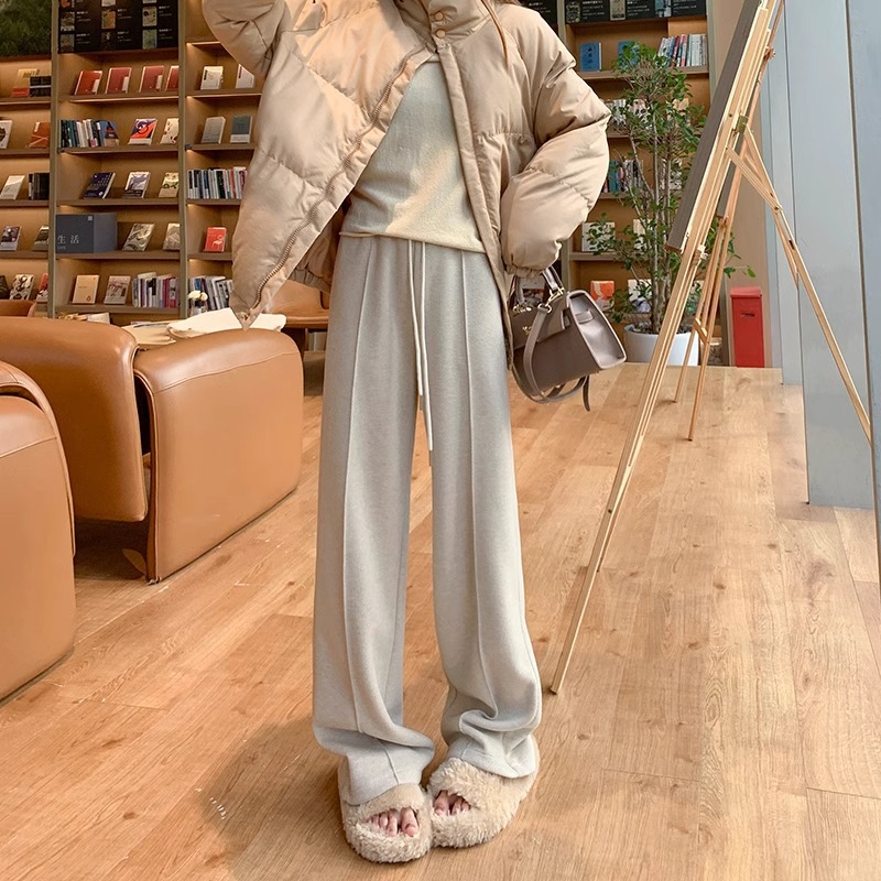 Pantalones de piernas anchas de herringbone para mujeres 2024 primavera y otoño invierno de cintura alta pantalones de lana casuales sensación de caída de tamaño pequeño pantalones recto estrechos