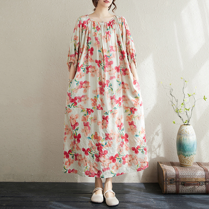 Summer Vintage Artistic Cotton and Linen Printed Long Dress Large Size Loose Flesh Covering Slimming Vacation Style Robe Dress for Women Summer Vintage Artistic Cotton and Linen Printed Long Dress Large Size Loose Flesh Covering Slimming Vacation Style Robe Dress for Women