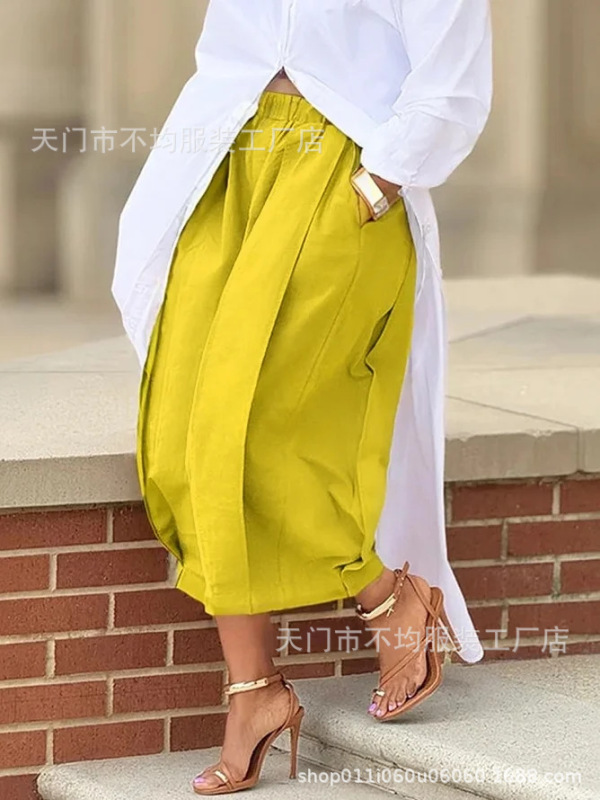 跨境欧美亚马逊外贸新款纯色宽松舒适休闲松紧腰显瘦七分阔腿裤女|undefined
