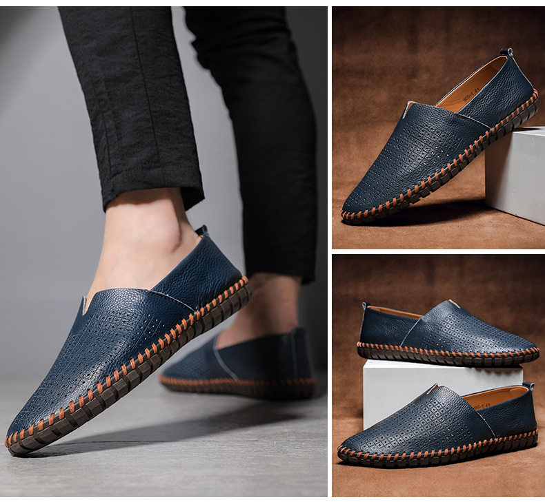 Giày lười nam da bò lớp đầu cỡ lớn, kiểu slip-on mũi tròn, đế bệt — 955 Trắng đục lỗ, 955 lỗ màu nâu, 955 lỗ màu đen, 955 màu xanh lam chi tiết 24
