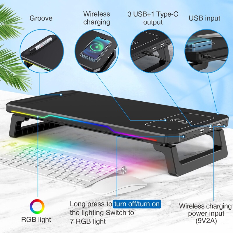 Wireless Charging Computer Elevated Monitor Stand with Rgb Lights, USB Expansion, and Desktop Storage Shelf