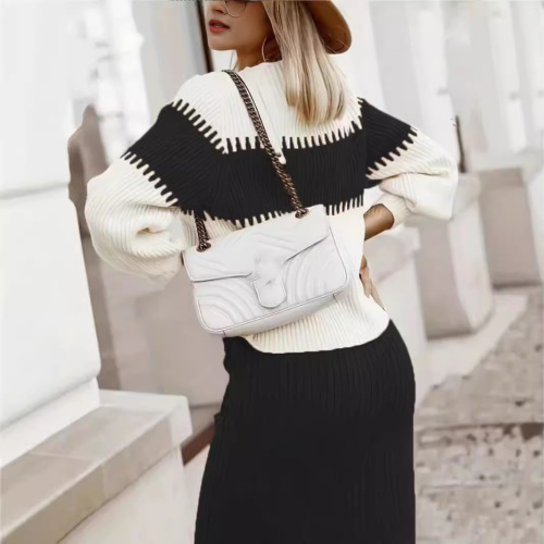 Black Knitwear Set Top and Skirt, Chic Goddess Style Set Knit Sweater with Dress