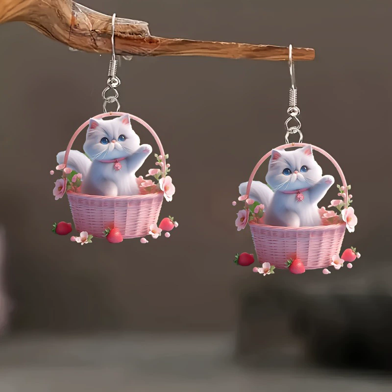 Pink basket, white design cute earrings, flowered