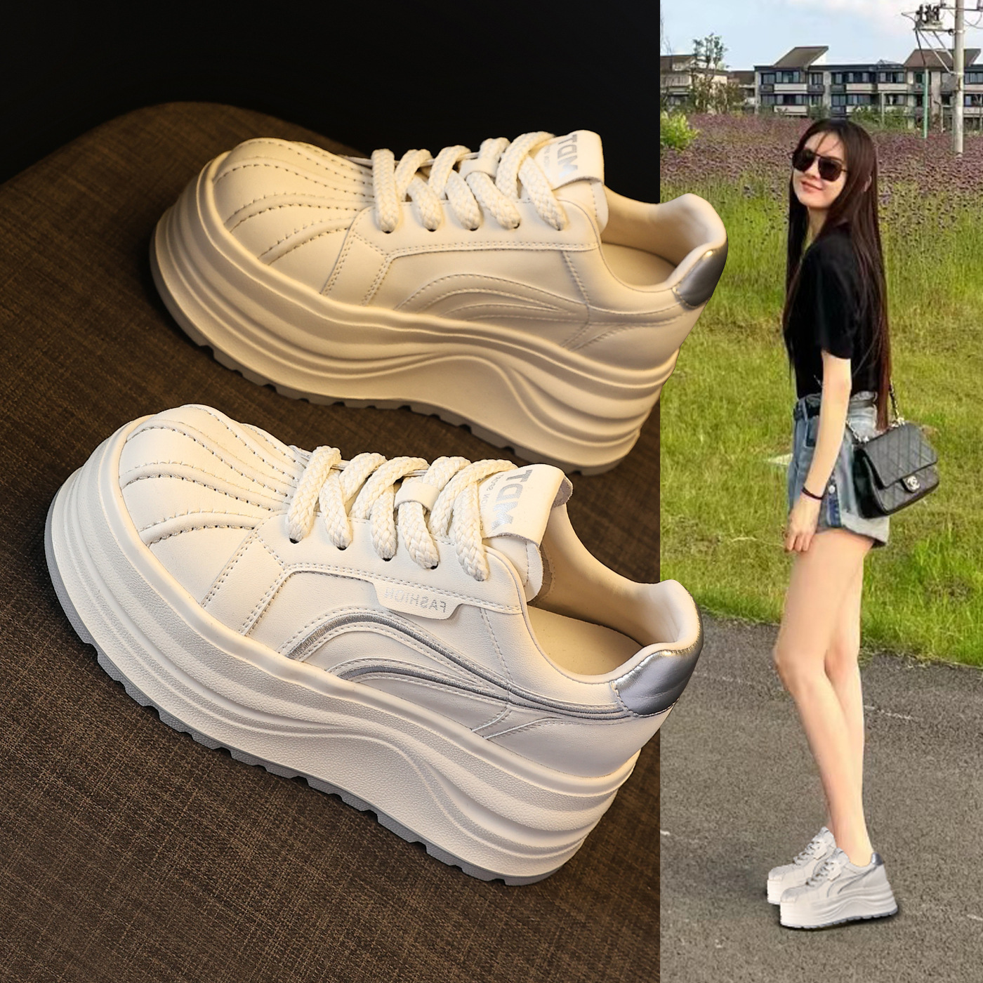 Giày sneaker nữ đế dày tăng chiều cao phong cách basic trắng — Bạc trắng