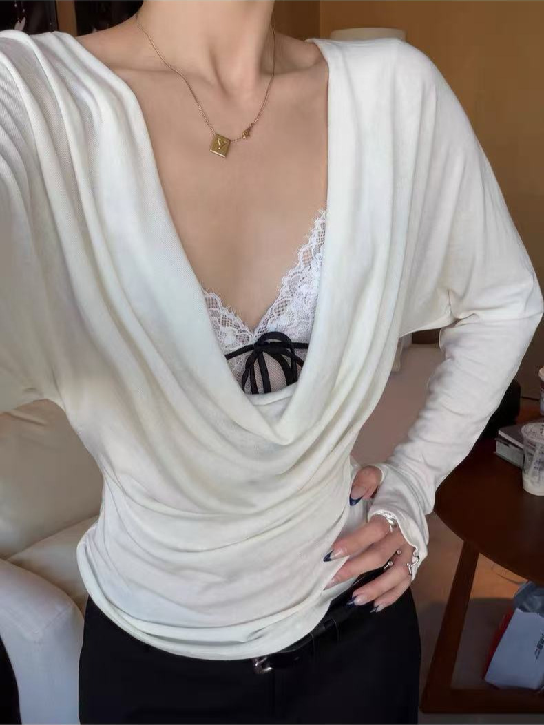 Código pulsante negro camiseta de cuello swing femenina primavera delgada sexy real de dos piezas 2026 nuevo image 4