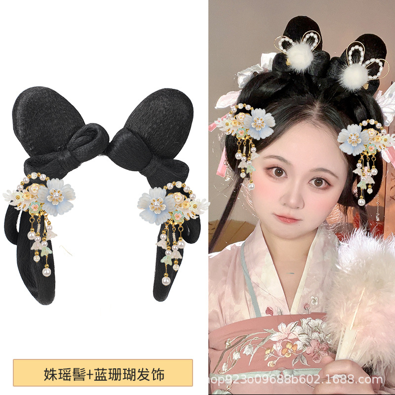 비취 토끼 꽃 요정 + 블루 산호 헤어 액세서리