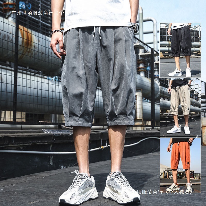 150kg Plus-Size Men's Summer Casual Sports Cargo Pants Loose Straight-Leg Ice Silk 7/5 Mid-Length Pants