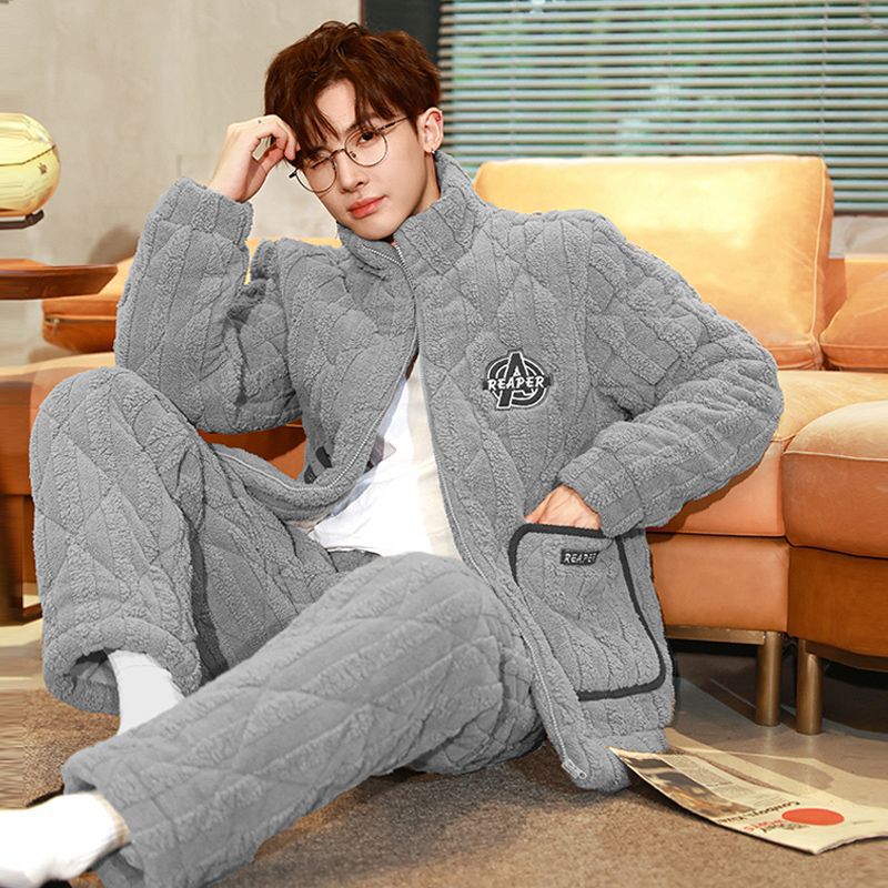 Pajamas for Men in Winter Fleece-Lined and Thickeneded Three-Layer Quilted Flannel Home Clothes Set Coral Velvet Warm Autumn and Winter Style