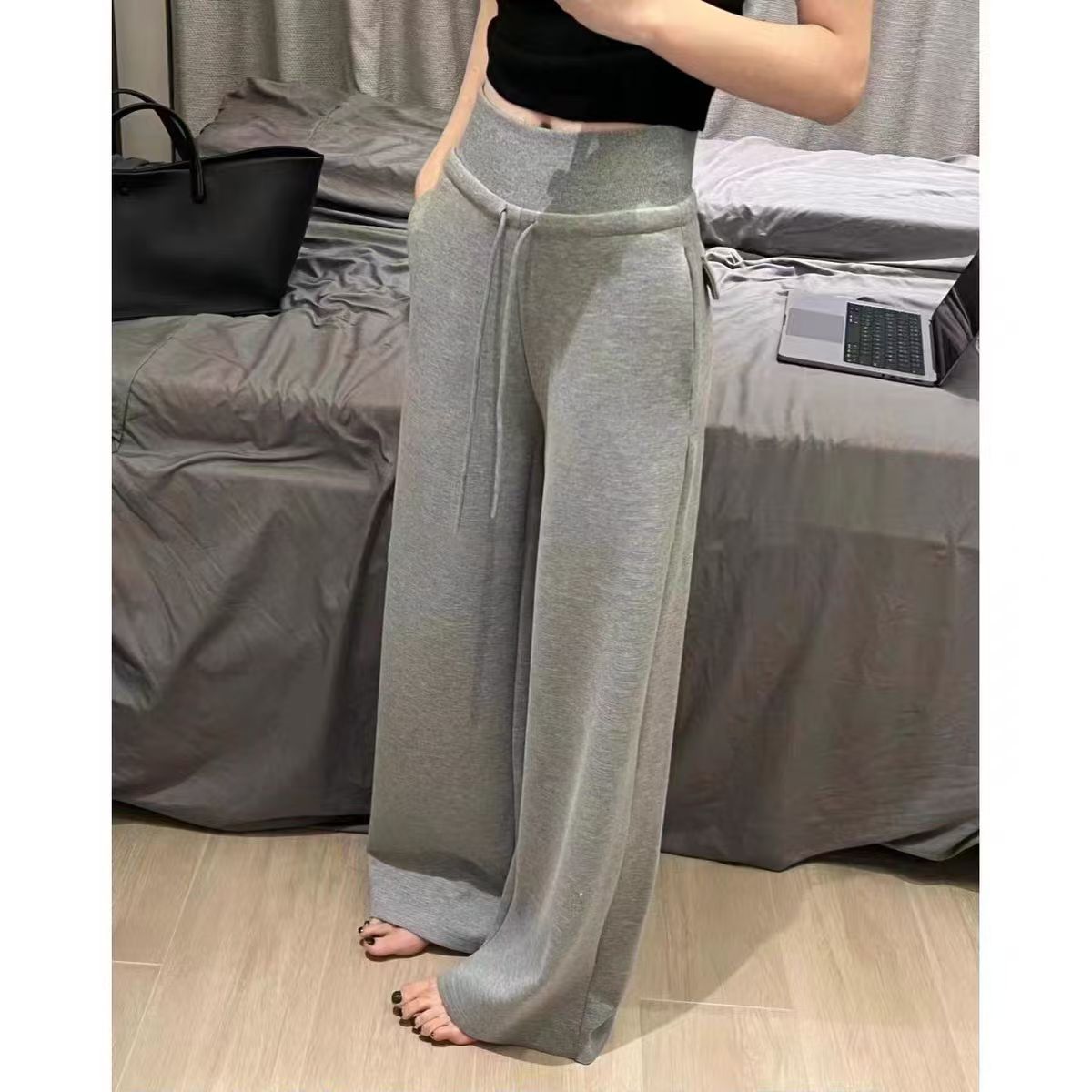 灰色抽绳休闲裤女秋季卫裤高腰宽松直筒阔腿裤子小个子拖地裤长裤