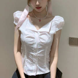 蕾丝花边格纹短袖衬衫收腰显瘦泡泡袖衬衣短半裙套装女2026新款