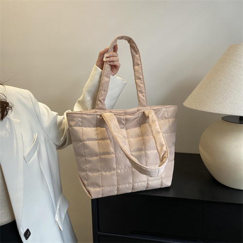 2024 Korean-Japanese Fashion Checkered Down Material Women's Large Capacity Tote Bag Commuter Shopping Bag for College Students