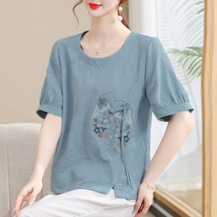 Мама одеваются 2024 весна и лето с короткими рукавами новый пуловер древний стиль кардиган с круглым вырезом свободный дизайн моды вышивка новый китайский стиль