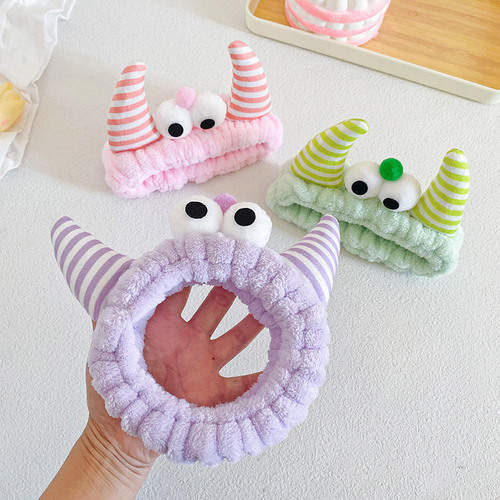 New Cartoon Cute Big Eyed Monster Horn Headband Women's Face Wash Makeup Plush Striped Horn Headband Hair Accessories