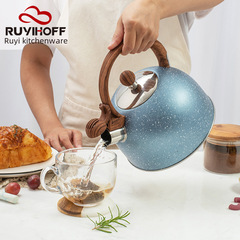 藍色白點鳴笛燒水壺亞馬遜歐式平底鳴音水壺跨境廚房煮水壺2.5L