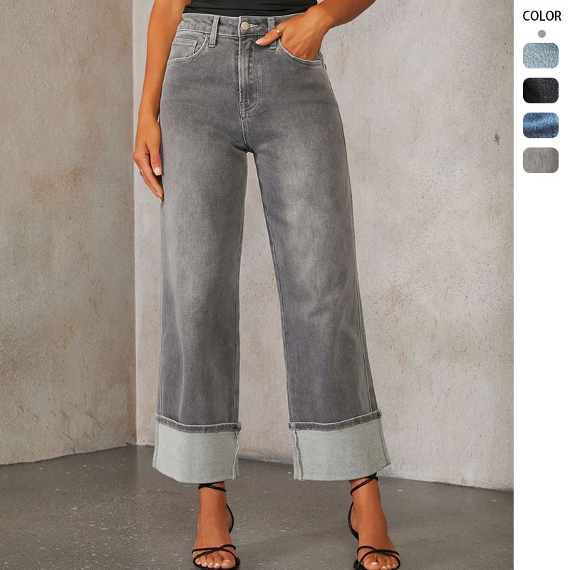 Spring 2025 Amazon Cross-border New Stretch Straight Jeans Women Quality Retro Curled High Waist Trousers