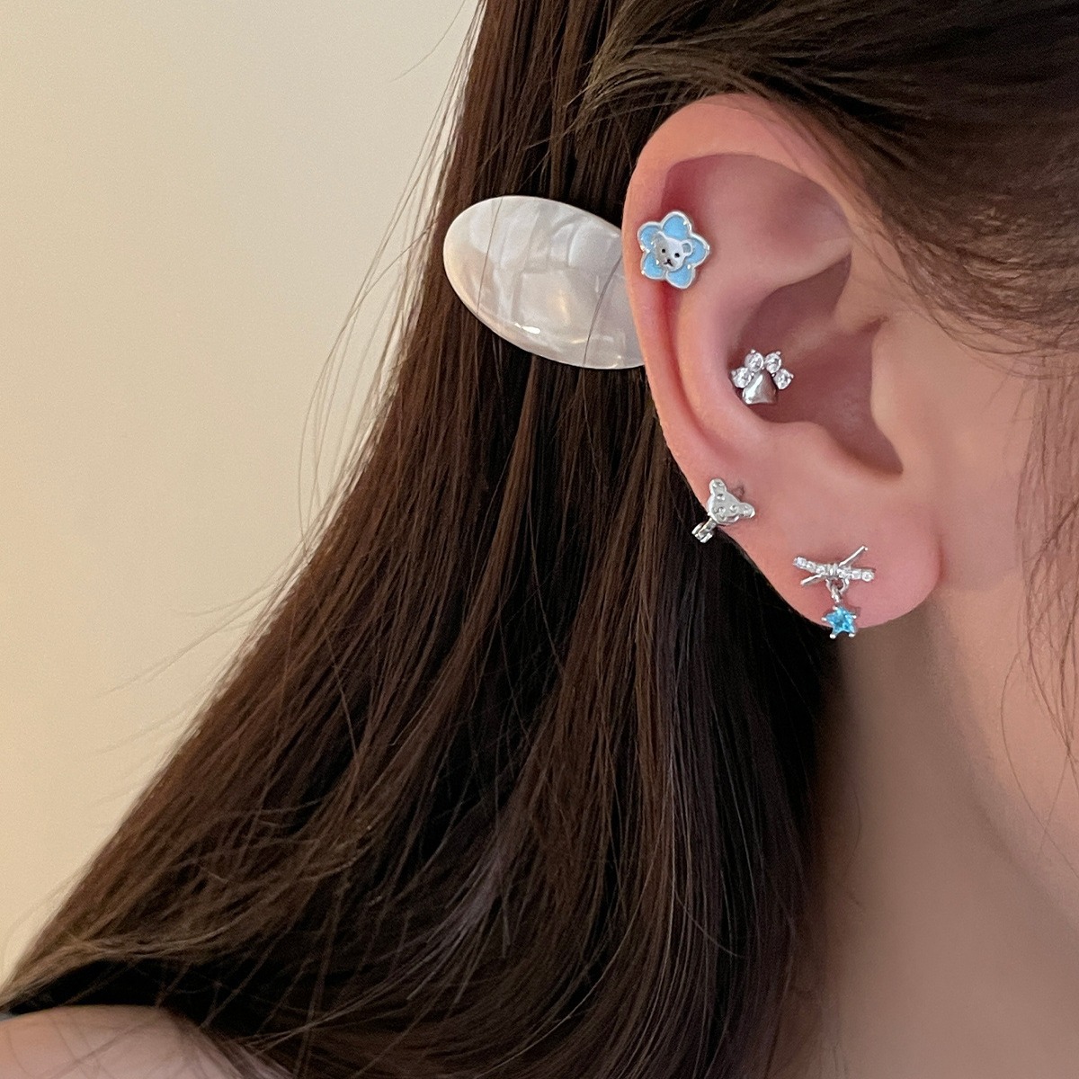 精緻可愛小熊貓爪鈦鋼耳釘女甜美小香風蝴蝶結花朵耳環新耳飾