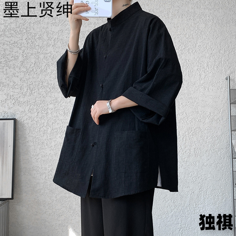Camisa de manga de cinco puntos retro japonesa para hombre estilo fino de verano más fertilizante de talla grande nueva camisa de manga corta de algodón y lino de moda nacional de estilo chino