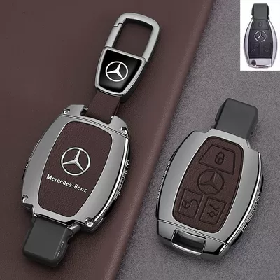 E300L Key Cover 25 Models Car key bag - leather-texture-style-b-3-button-leather-texture-tea-brown-car-logo-trapezoid-buckle