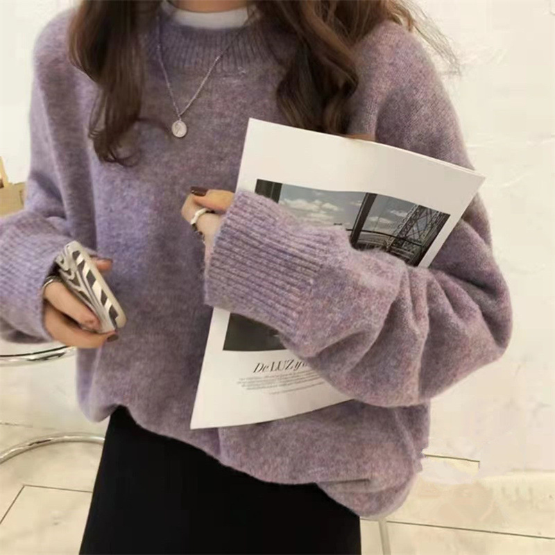2024 einfarbiger Strickpullover für Damen im Herbst und Winter, neue Artikel, weiche, lockere Passform, sanfter Stil außen und untere Schicht_voghion.com