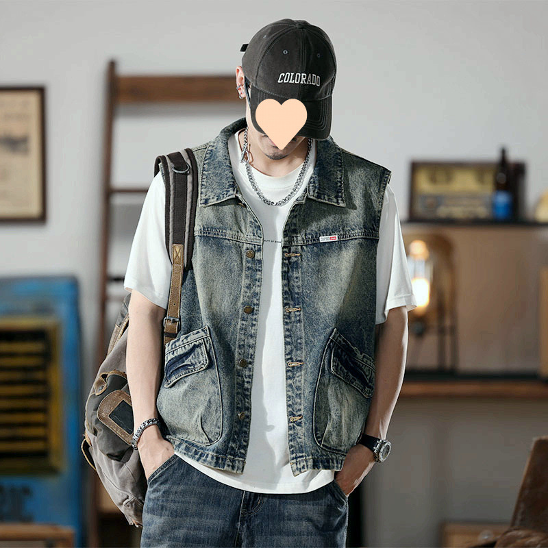 레트로 블루 뒷면 가죽 라벨 데님 조끼