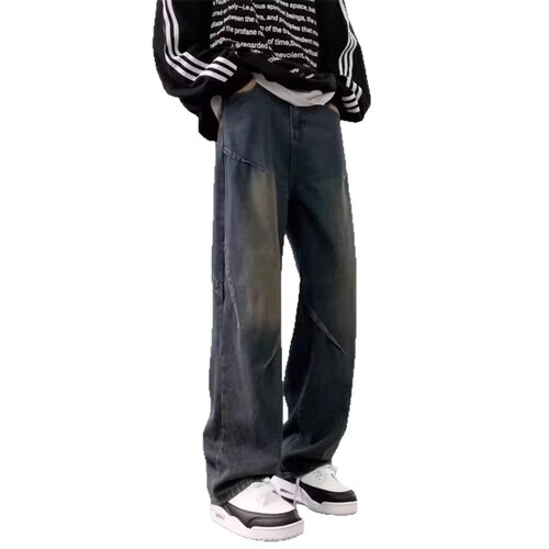 Stitched jeans, men's spring and autumn, wide-leg, drooping, loose straight pants, niche design, high-end American high street