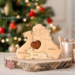 パーソナライズされた木製ライオン家族パズルセット家庭彫刻工芸品祝日パーティー装飾置物