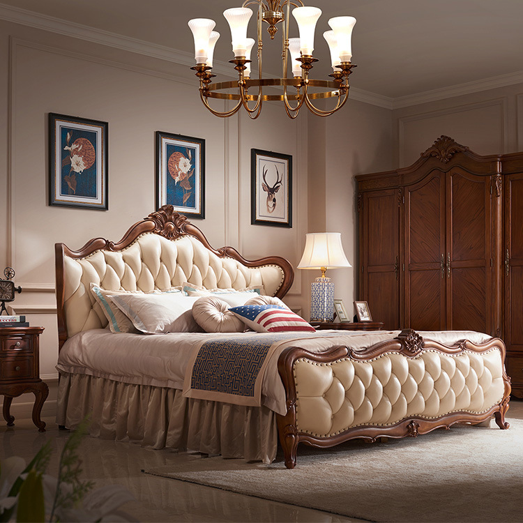 美式真皮双人床全实木奢华1.8米高背床欧式简约高端别墅真皮大床